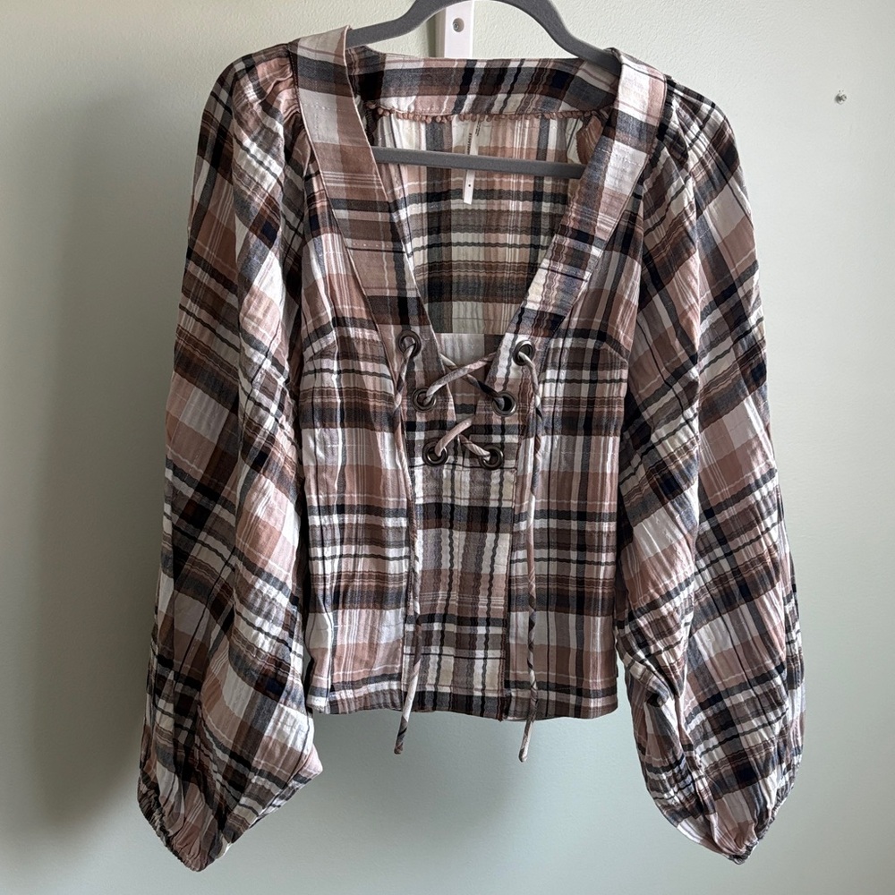 Anthropologie Brown Plaid Lace-Up Blouse size Medium